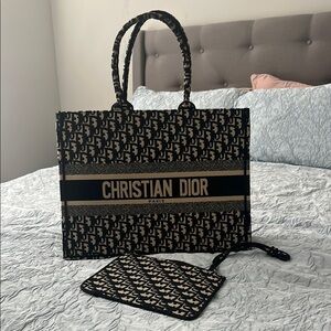 Dior Black and Tan Tote Bag with Monogram Print and Sturdy Handles